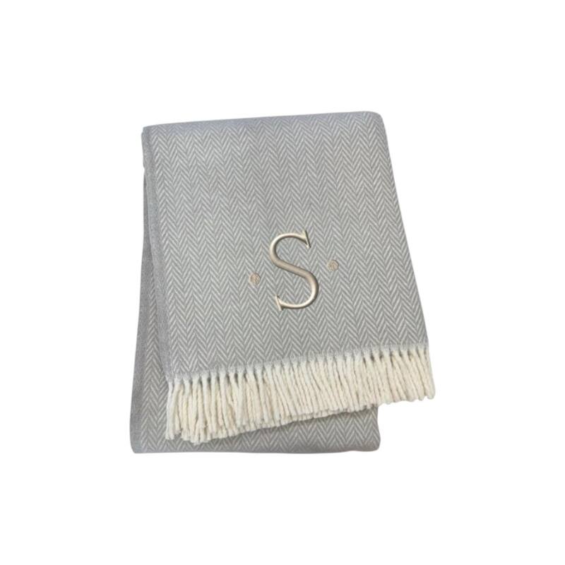 55" X 70" Gray And White Herringbone Cotton Blend A Initial Throw Blanket with Tassels And Embroidery - S
