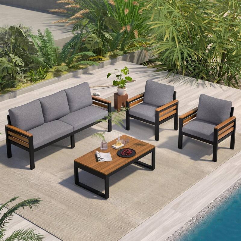 5-Person Outdoor Sofa Set with Acacia Wood Armrests and Removable Cushions
