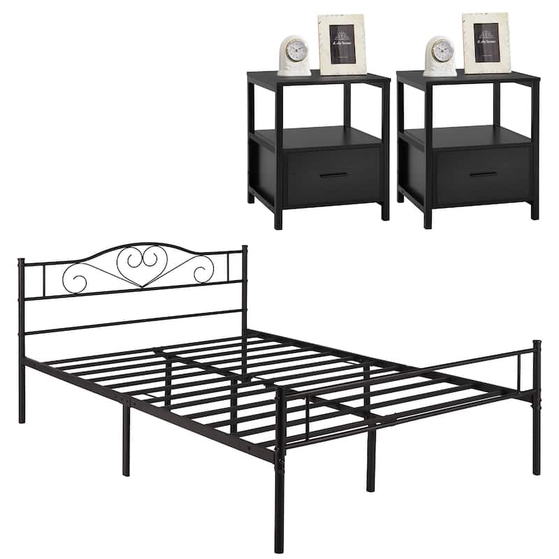 VECELO Industrial 3-Piece Bedroom Set Black Platform Bed Frame and Modern Nightstand Set of 2