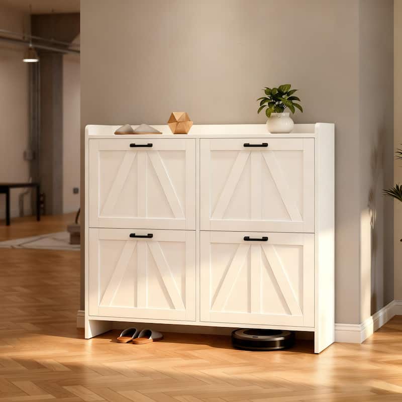 Modern Fence Shoe Cabinet with 4 Flip Drawers, Sleek Space-Saving Entryway Organizer for Living Room