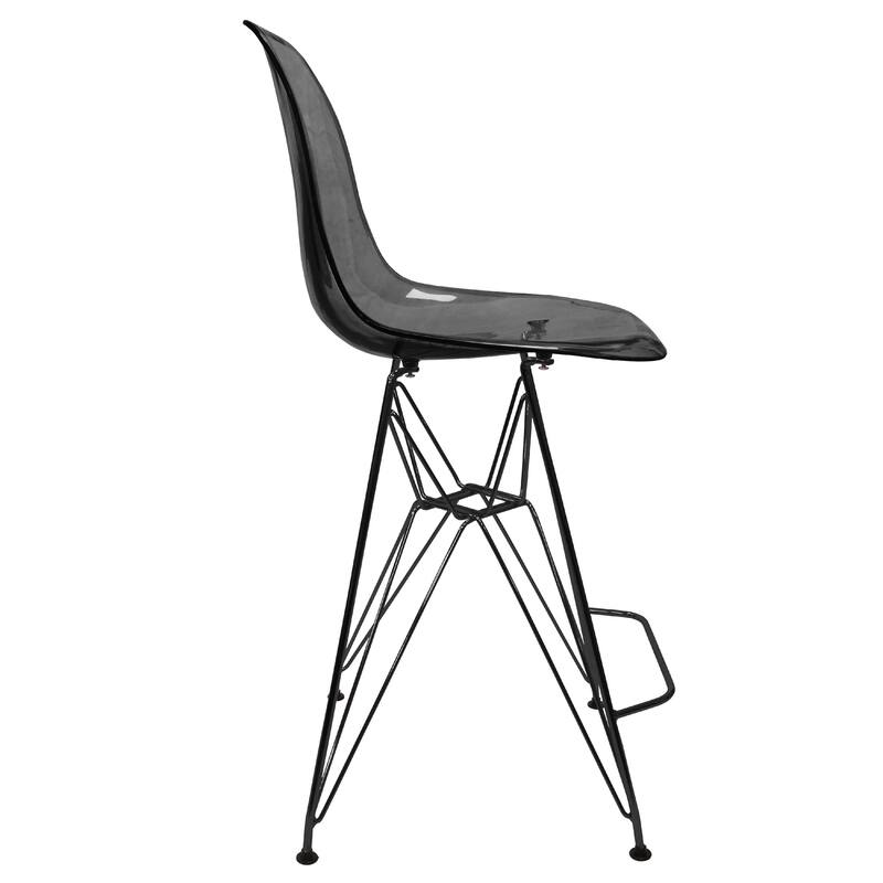 Cresco Acrylic Barstool in Brushed Black Steel Base with Ergonomic Seat, Footrest, & Floor Pads for Kitchen or Home Bar Set of 2