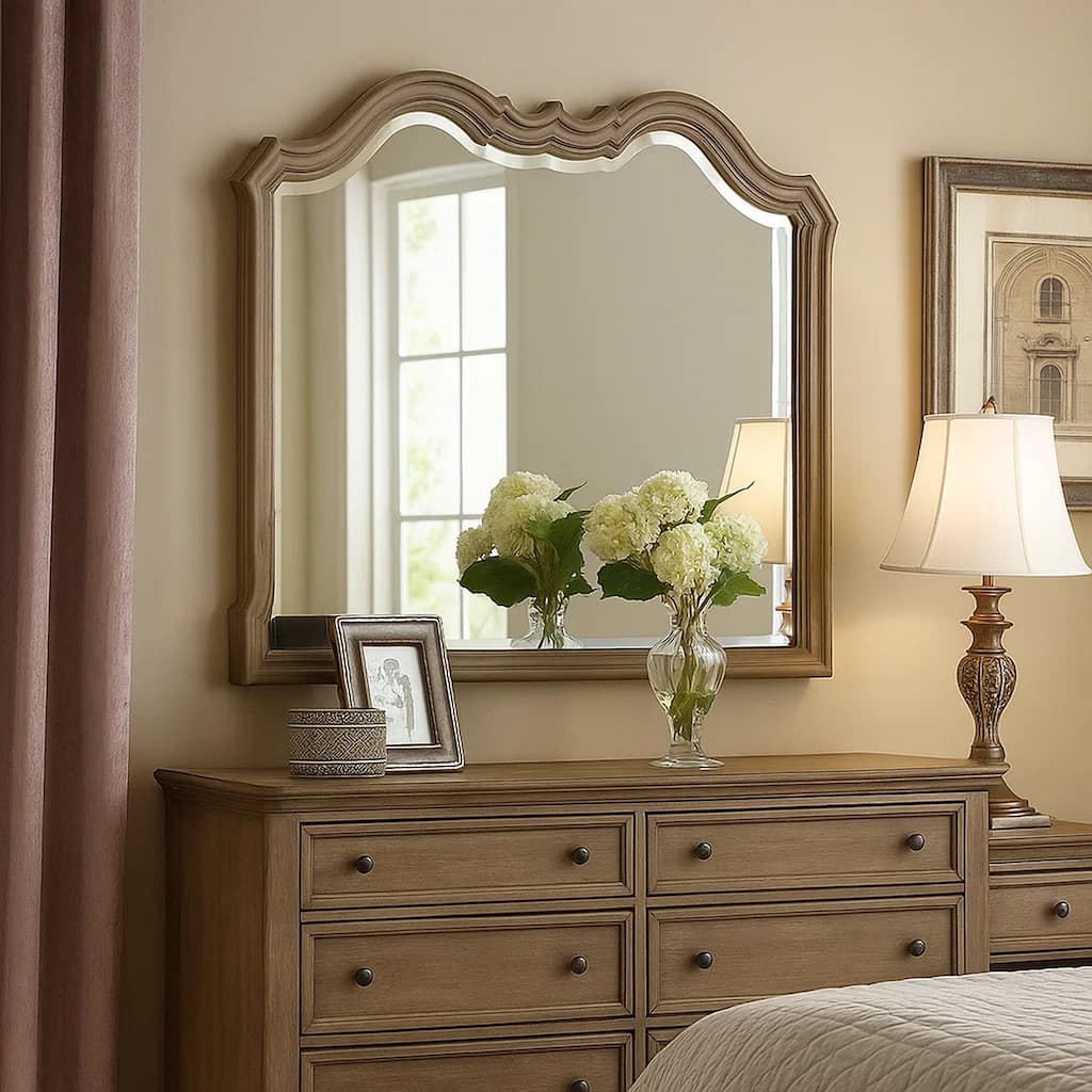 Wooden Molded Frame Mirror with Scalloped Design Top, Taupe Brown