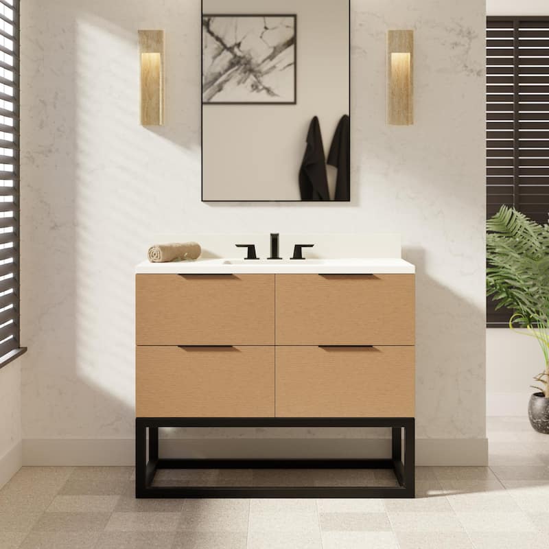 KitchenBathCollection Mia 42" Bathroom Vanity with Matte White Top - Blonde