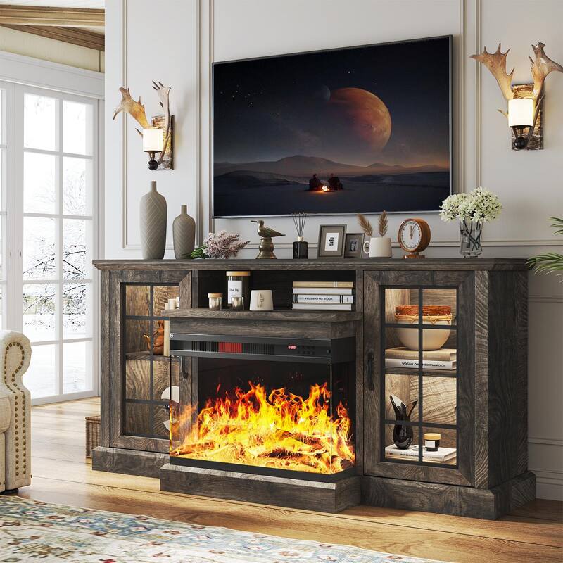 59'' Fireplace TV Stand with 3-Sided Glass Electric Fireplace - Grey