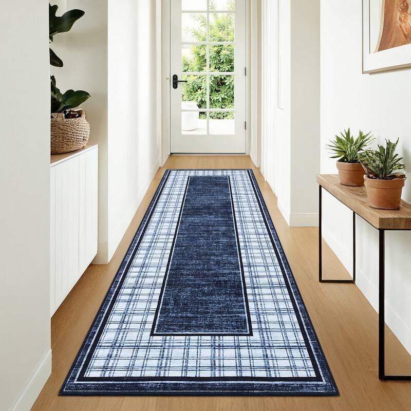 Modern Bordered Rug Farmhouse Plaid Area Rugs for Living Room Bedroom, Indoor Accent Carpet Home Decor
