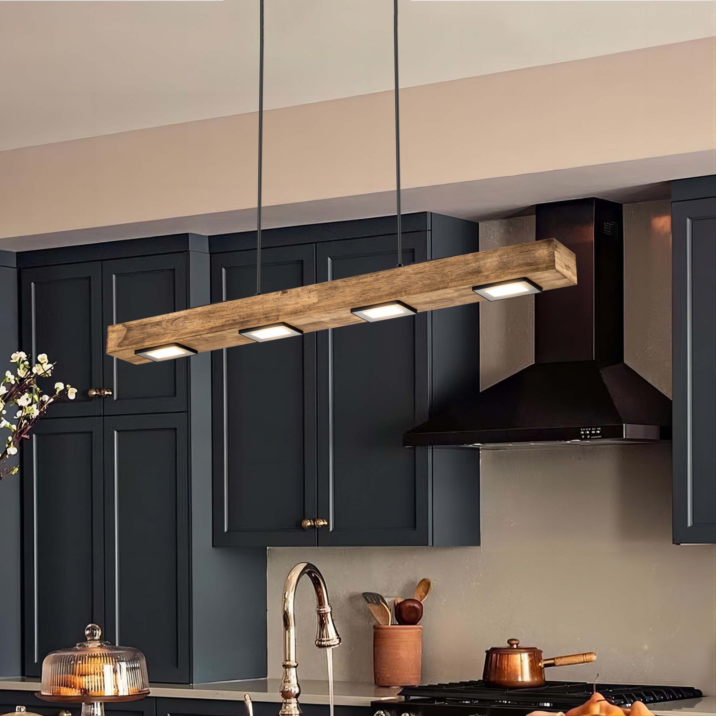 6-Light Modern Farmhouse Brown Wood Linear Integrated LED Island Pendant for Kitchen Dining Room - 31.4 in. L