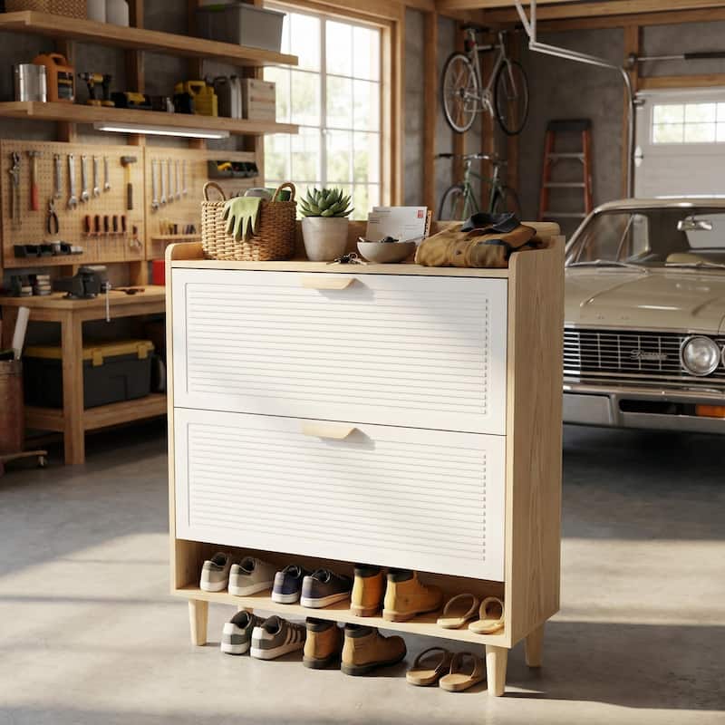 Homy Casa Compact Shoe Storage Bench 2 Flip Doors 2 Drawers, White - 2Doors1Compartment