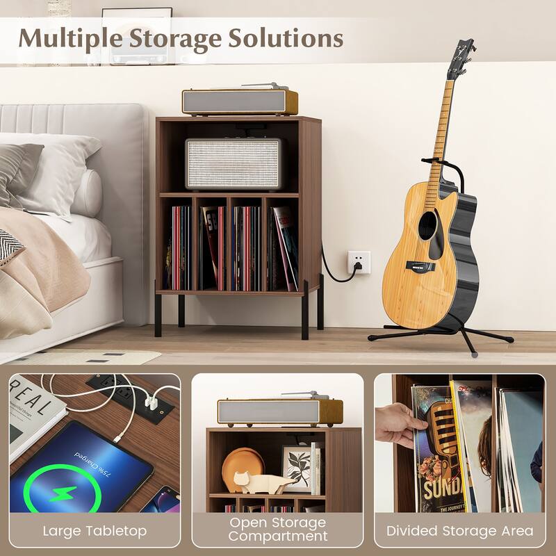 Gymax Record Player Stand w/Charging Station 5 Storage Compartments