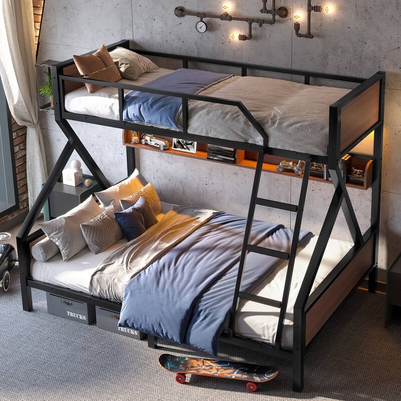 Twin XL over Queen Bunk Bed, Metal Bunk Bed with Storage Shelves and Lights, Space-saving & Noise-free Design, Black