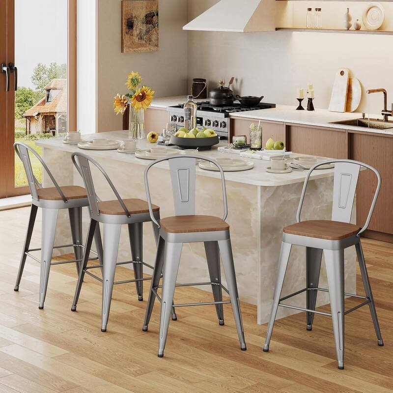 Counter & Bar Stools with Metal Frame Kitchen Stools with High Back Kitchen Bar Furniture Stools with Wooden Seat