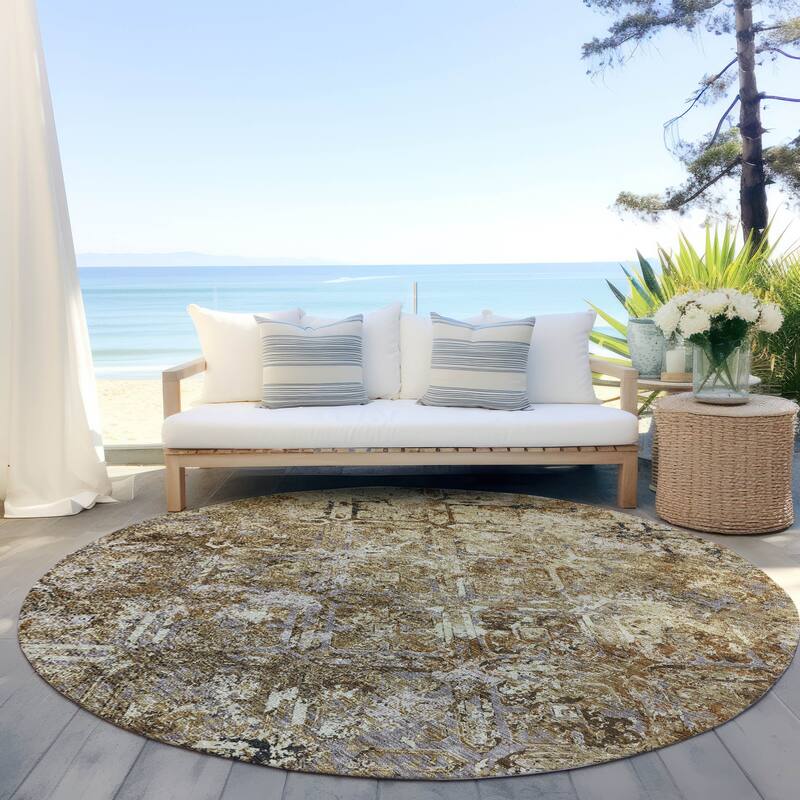 Machine Washable Indoor/ Outdoor Chantille Distressed Diamonds Rug - Beige - 8' x 8'