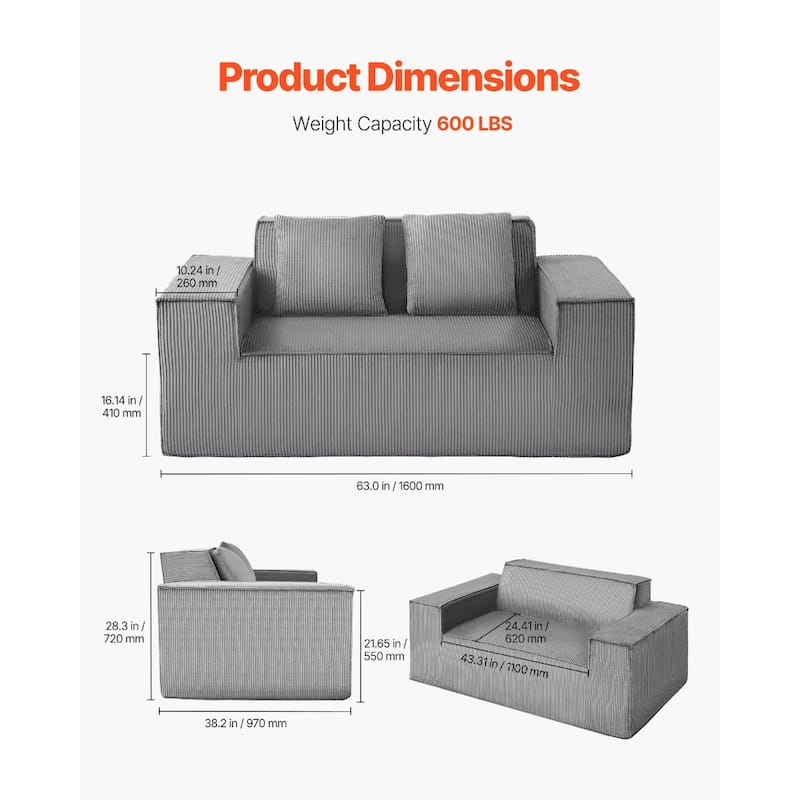 63” Wide Space-Saving Corduroy Loveseat Sofa 2-Seater Couch with High-Resilience Cushions - 63” x 37” x 28.3”