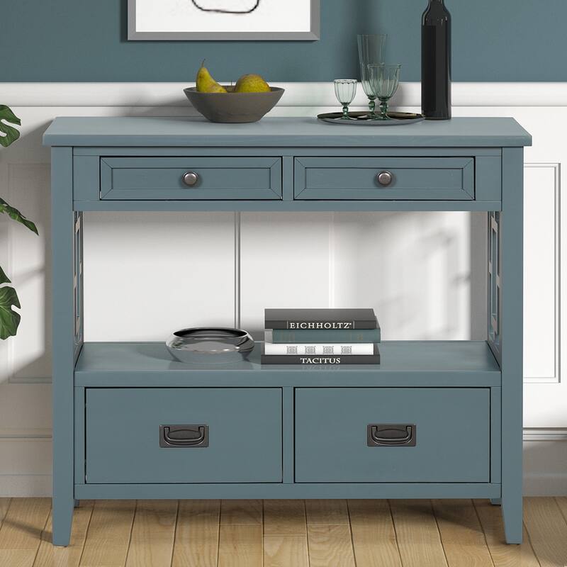 36'' Pine Entryway Table Console Table with 4 Drawers & Open Shelf, Farmhouse Side Table Sofa Table for Entryway Living Room - Blue