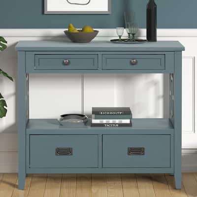 Farmhouse Pine Wood Console Table Entry Sofa Table with 4 Drawers & 1 Storage Shelf