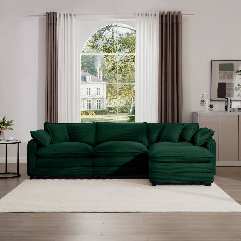 Green 115" Corduroy Cloud Upholstered Modular L-Shaped Sectional Sofa with Removable Ottoman and Free Combination Design