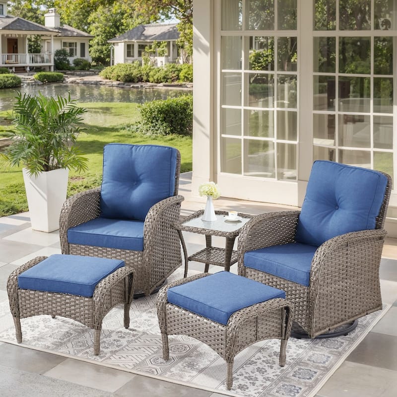 Outdoor Swivel Chairs with Side Table and Ottomans - Blue - Grey