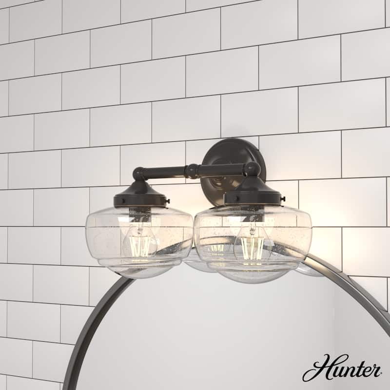 Hunter Saddle Creek Vanity Wall Light - Transitional, Vintage Schoolhouse - Damp Rated! - 2- Light - Noble Bronze -Clear Seeded Glass