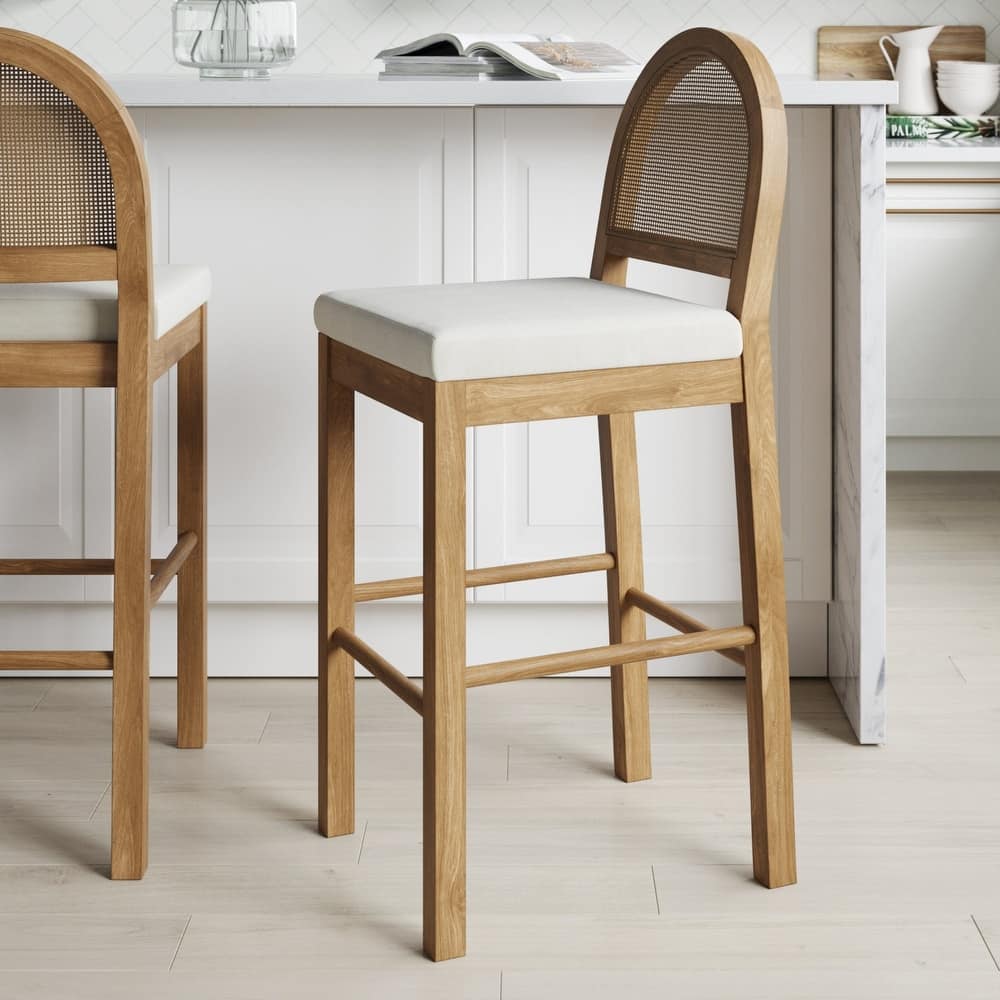 Bailey Boucle Upholstered Rattan Bar Stool or Counter Height Stool with Natural Rattan Woven Back For Kitchen Island