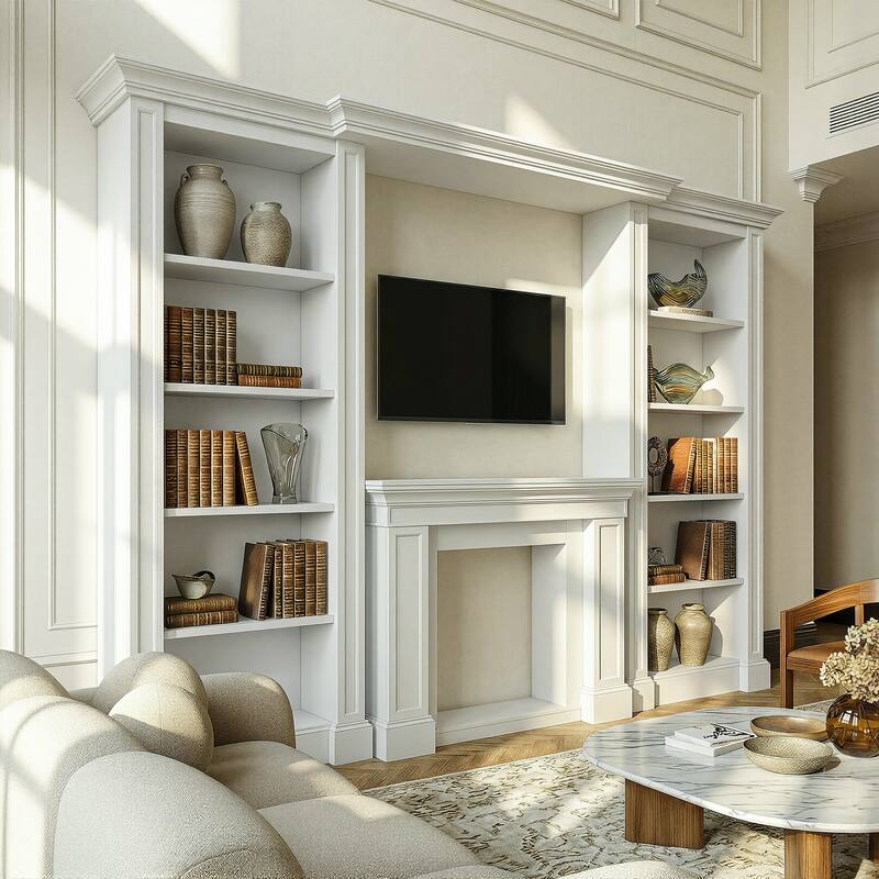 Electric Fireplace Mantel with Bookshelves, 115.5" Entertainment Center with Built-in Shelving - White TV Stand Only