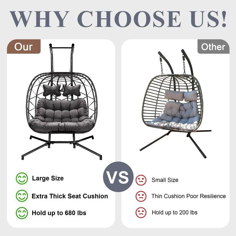Oversized Outdoor Double Hanging Egg Chair with Cushions, Swing Chair for Indoor or Patio