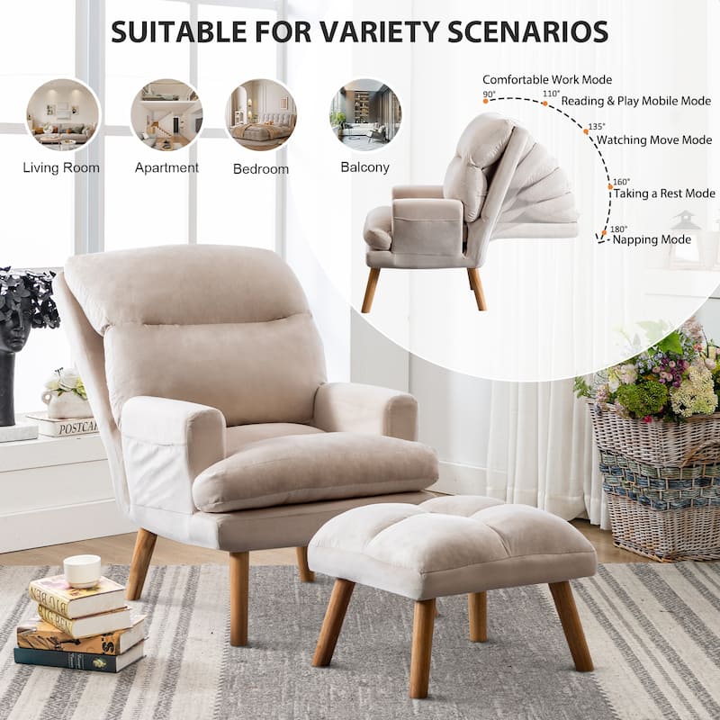 Soft Fabric Casual Living Room Armchair With Adjustable Backrest And Legs Stool - Beige