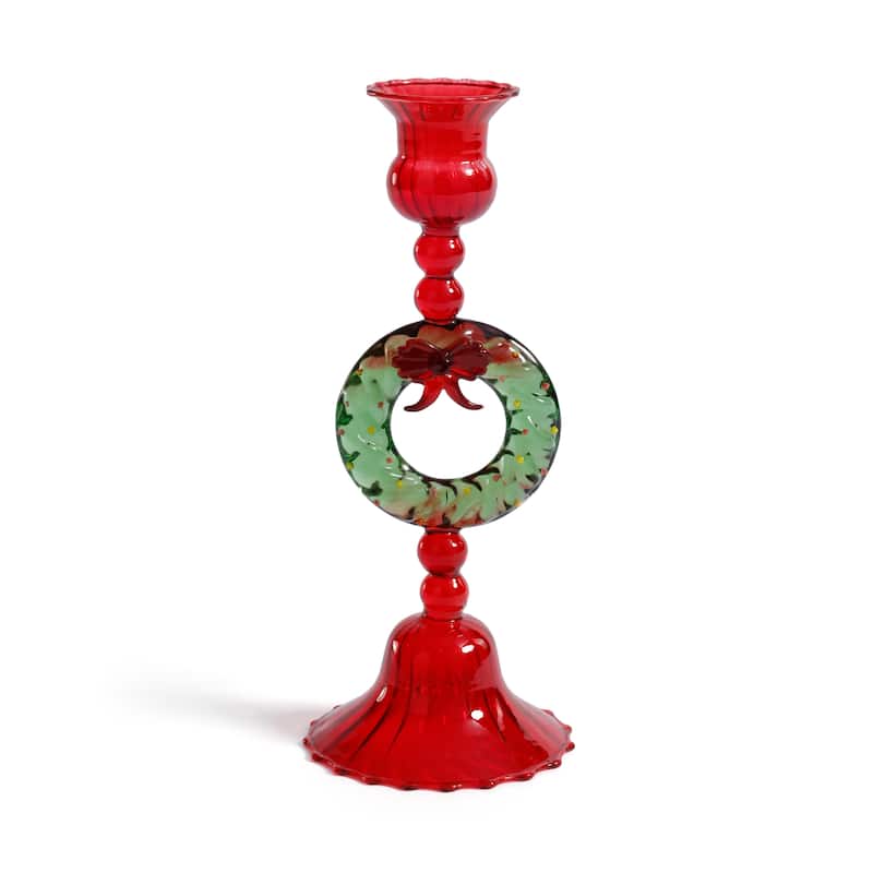 Holiday Wreath Taper Candle Holders, Set of 4 - Red & Green