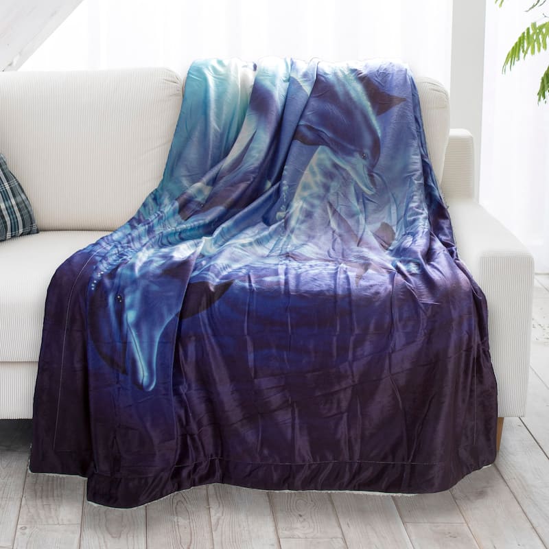 Sherpa Fleece Throw Blanket- Ocean Dolphin Print by Lavish Home