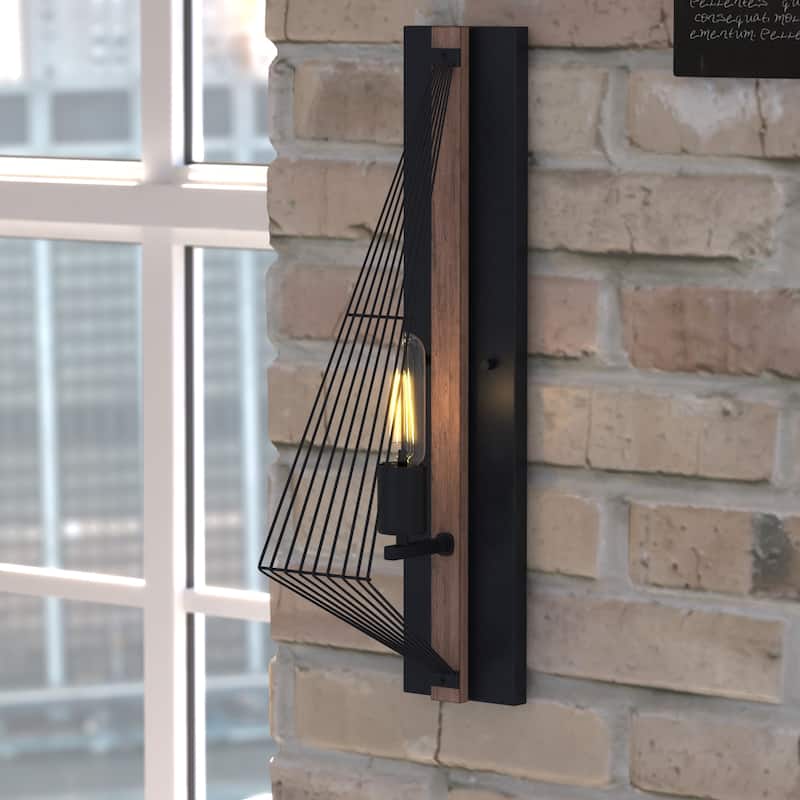 Dearborn 1 Light Black Oak Geometric Wire Cage Flush Wall Sconce - 4.5-in W x 21.5-in H x 8-in D - Black Iron and Burnished Oak - 4.5-in W x 21.5-in H x 8-in D