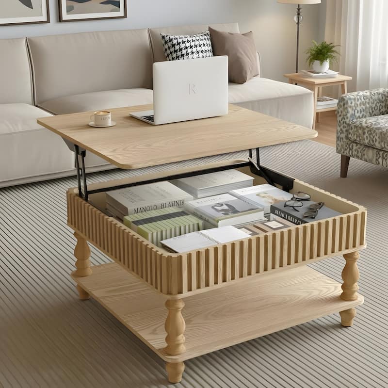 Rustic Style Lift-Top Coffee Table with Hidden & Open Storage - 31.5 - Natural Wood