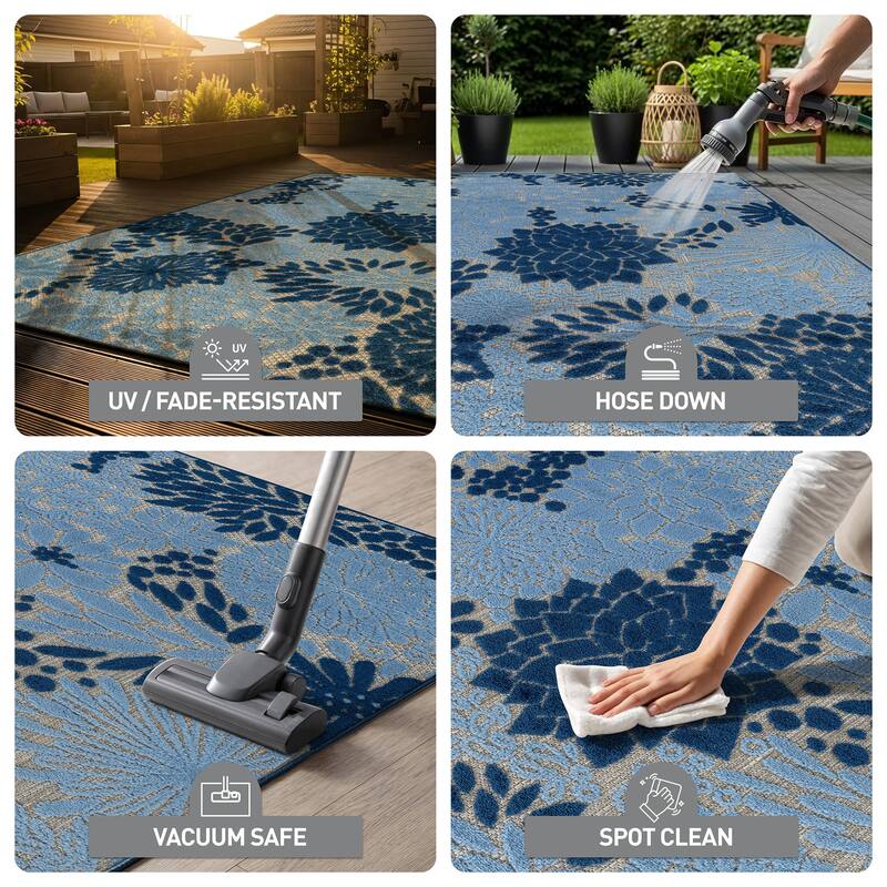 World Rug Gallery Indoor/Outdoor High-Low Textured Area Rug, Floral, Easy-Clean Patio Rug