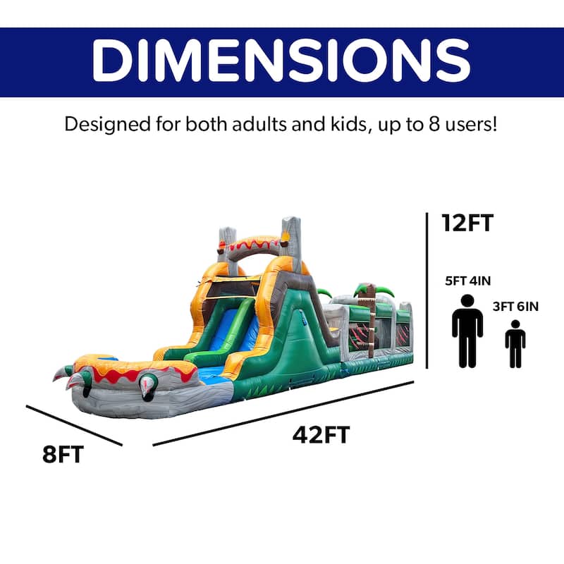 HeroKiddo T-Rex Adventure 42' Inflatable Obstacle Course with Water Slide - Commercial Grade, Wet & Dry Play (Blowers Included)