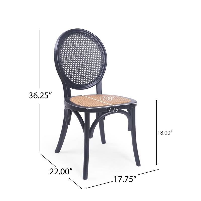 Dining Chair Set of 2, Matte Black Rattan Woven Back and Brown Seat