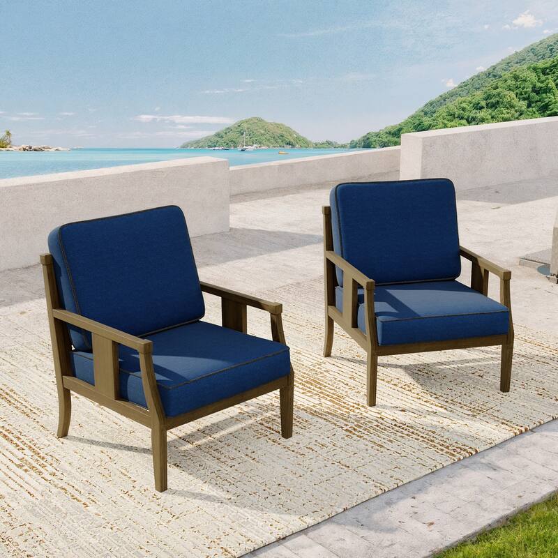 2 Set Brown Wood Outdoor Accent Club Chairs with Water-Resistant Cushions