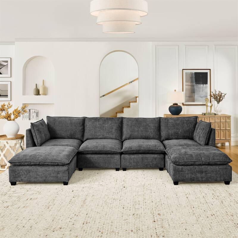 Chenille Upholstered Sectional Sofa with 2 Ottoman Chaise Lounge and Throw Pillows, Deep Seat Sleeper Cloud Couches, 4 Seat - Grey