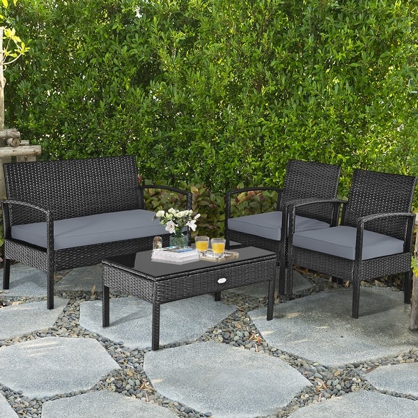Shop Gymax Patio Garden 4pc Rattan Wicker Furniture Set Black Overstock 20111101