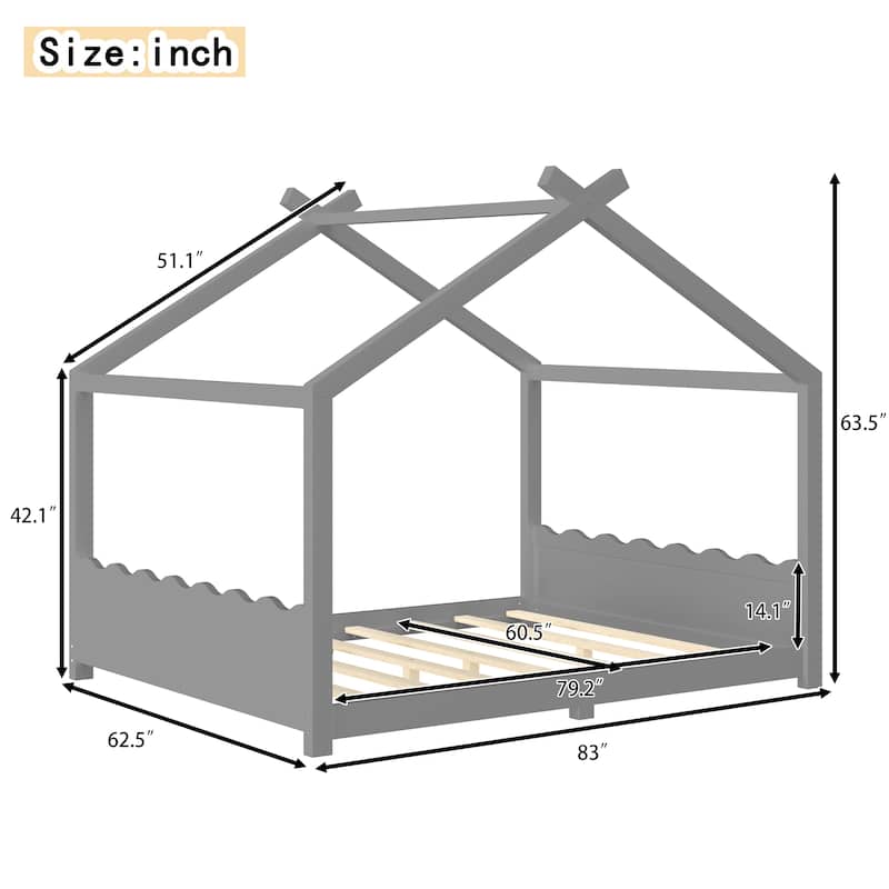 Kids Solid Wood House Floor Bed with Support Slats, Montessori Low Profile Bed, No Box Spring Needed