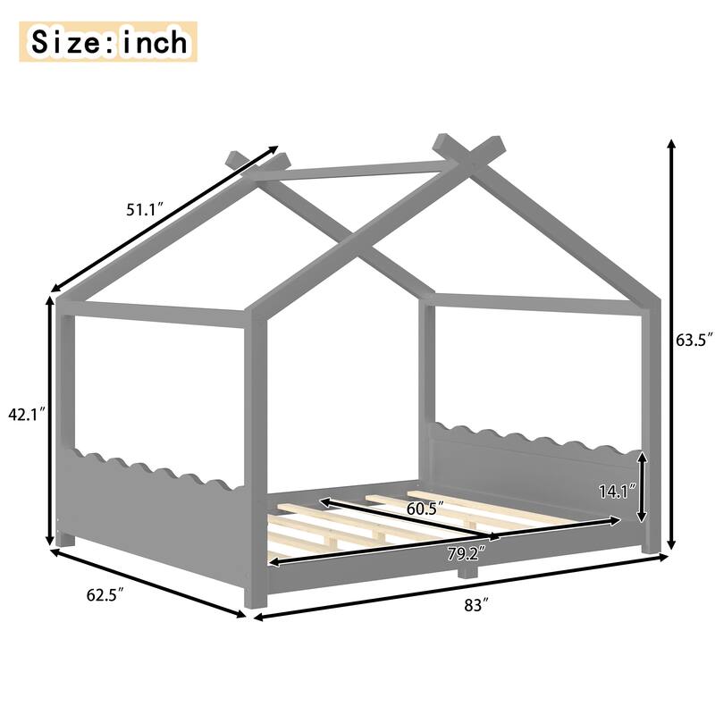 Wood House Bed Floor Bed with Support Slats Montessori Bed