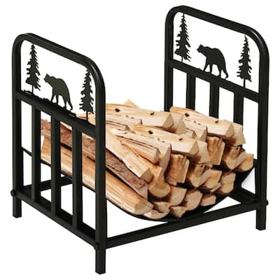 Bear and Tree Firewood Rack Powder Coated Steel Indoor Outdoor Wood Holder Black - 16.5" L x 13.25" W x 17" H