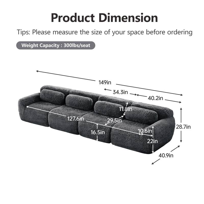 Homy Casa Modular Sectional Sofa, Dark Grey Plush Fabric with Non-Slip Base, No Assembly Living Room Couch with Pillows