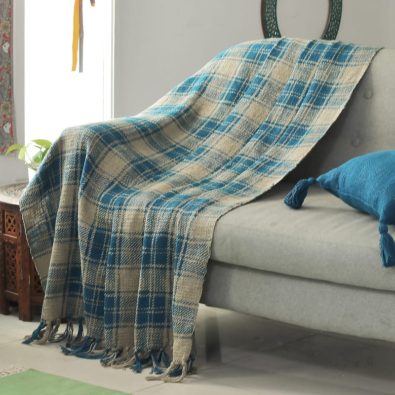 Novica Handmade Tattersall Blue Cotton Throw