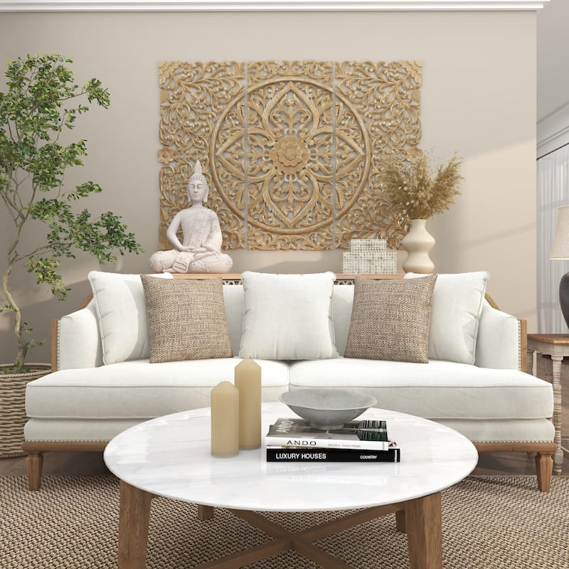 Magnesium Oxide Buddha Indoor Outdoor Meditating Garden Sculpture with Floral Carvings - Gray - Roche River Decor