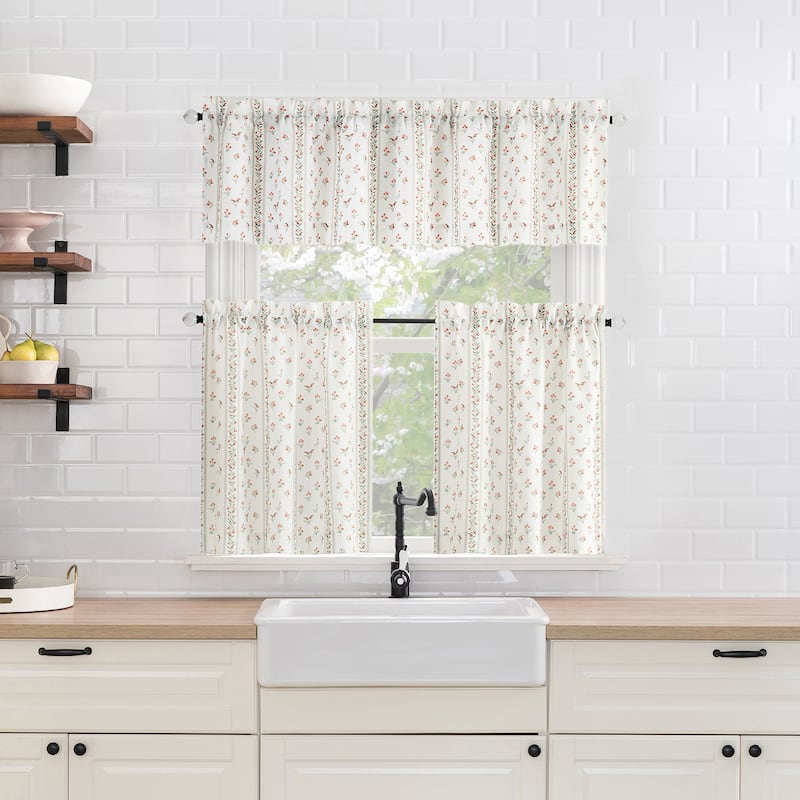 No. 918 Riverwood 2-piece Floral Stripe Semi-Sheer Rod Pocket Kitchen Curtain Tier Pair