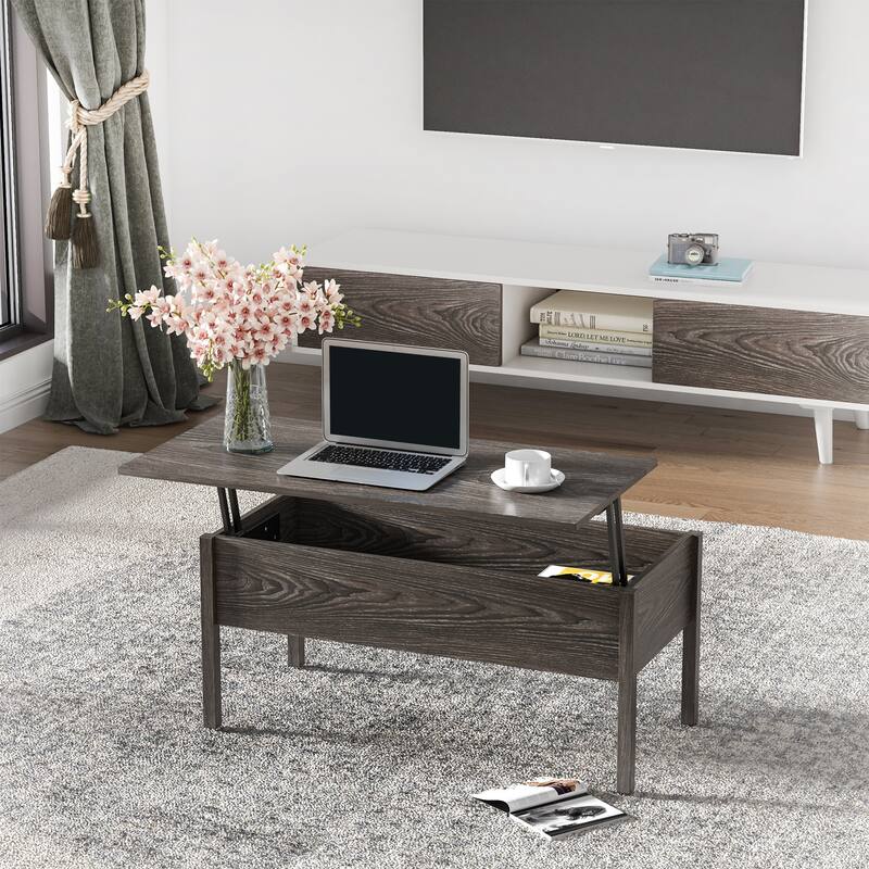 HOMCOM 39" Modern Lift Top Coffee Table Desk With Hidden Storage Compartment for Living Room, Light Grey Woodgrain