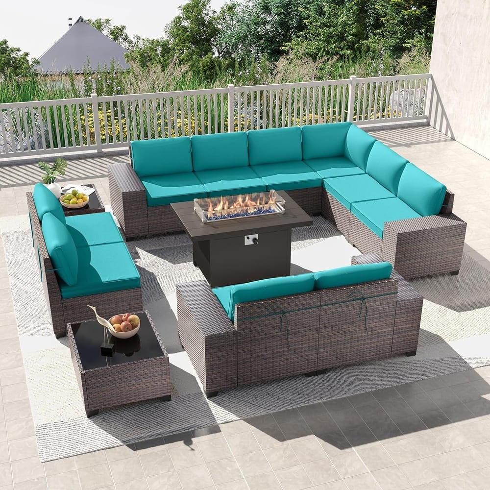Delnavik 13 Pieces Outdoor Patio Furniture Set with Fire Pit Table w/ Wide Armrests