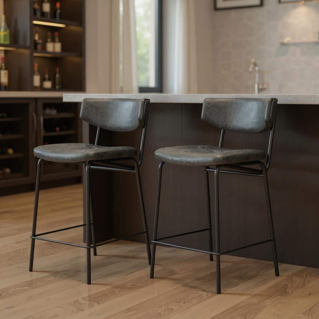 HomeRoots Set of Two 30" Black Faux Leather and Steel Low Back Bar Height Bar Chairs