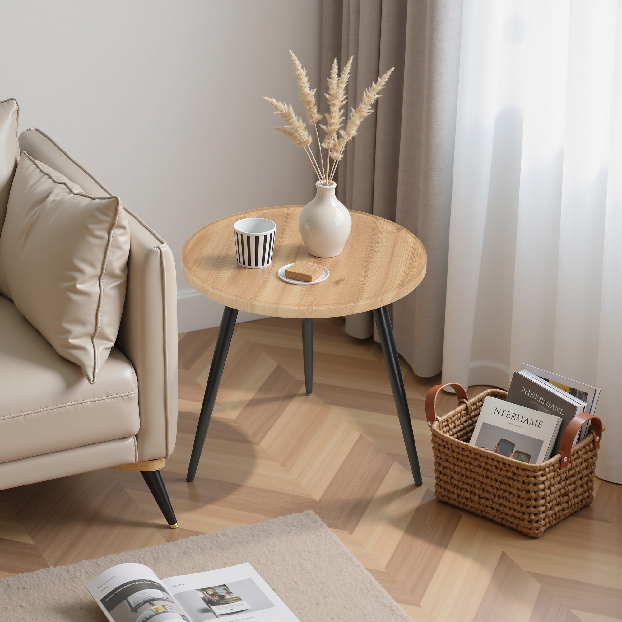 Round End Table Set of 2 Small Side Table with 0.79" Thick Scratch-Resistant Top and Black Metal Legs for Living Room Bedroom