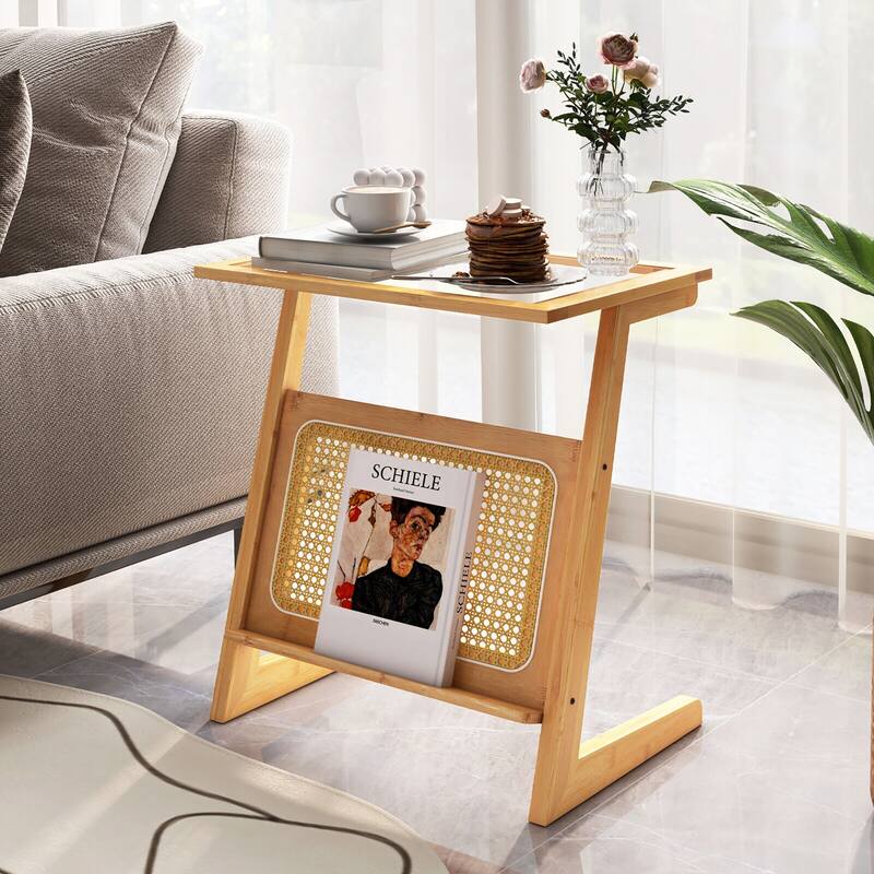 Gymax Z-shaped End Table Glass Top Bamboo Side Table w/ Magazine Rack