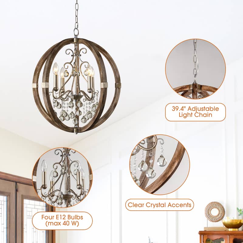 Farmhouse Brown 4-Light Weathered Wooden Frame Globe Crystal Chandelier - 21.7" W x 24.7" H