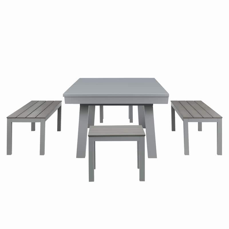 Newport Outdoor Patio 7ft Slate Pool Table 6-Seater Dining Set with 4 Benches & Accessories, Cement Finish