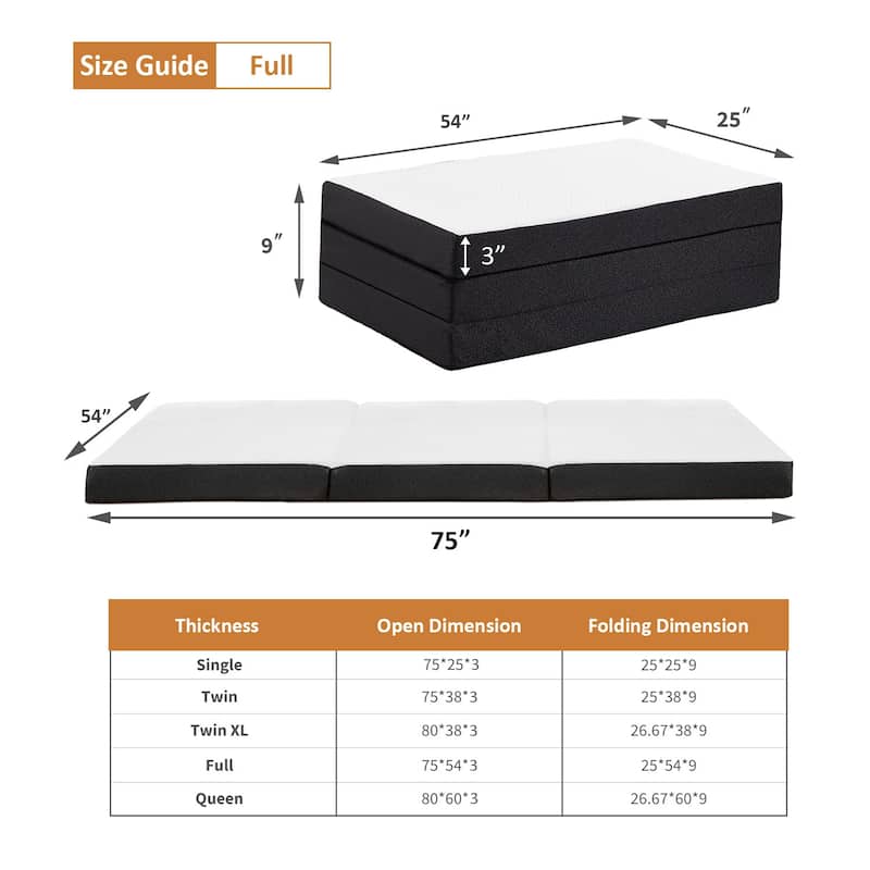 Folding Mattress, 4 inch Tri-fold Memory Foam Mattress Topper for Camping, Foldable Mattress Topper with Washable Cover - White
